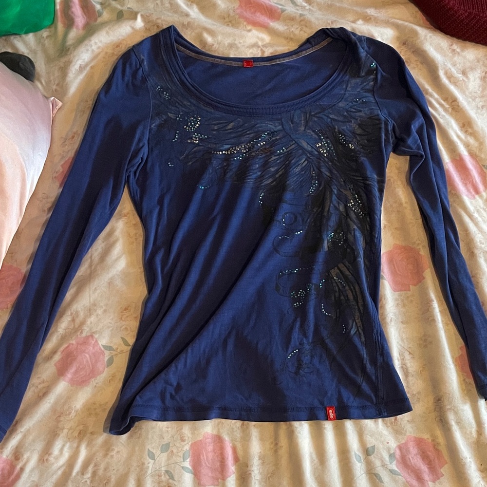 Elegant Blue Long Sleeve Tee with Embellishments